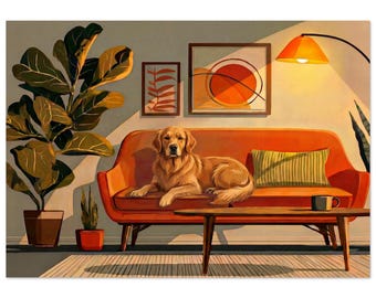 Kunstprint van een Golden Retriever op de bank, poster van een hond op een bank in mid-century stijl, cadeau voor Golden Retriever-liefhebbers, ingelijst of oningelijst.