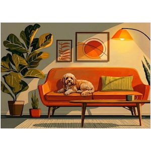 Puede incluir: Ilustración de un salón con un sofá naranja, un perro y una mesa de centro. Un cojín a rayas amarillas y verdes descansa sobre el sofá. Una lámpara de pie con una pantalla naranja ilumina la escena. Dos cuadros enmarcados cuelgan de la pared.