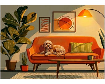 Kunstprint van een cavoodle op de bank, poster van een hond op een bank in mid-century stijl, cadeau voor cavoodle-liefhebbers, ingelijst of oningelijst.