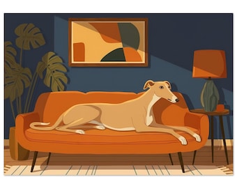 Kunstprint van een fawnkleurige greyhound op de bank, poster van een hond op een bank in mid-century stijl, cadeau voor greyhoundliefhebbers, ingelijst of oningelijst.