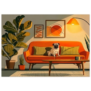 Cuadro decorativo de un carlino en un sofá, estilo moderno de mediados de siglo, regalo único para amantes de los perros, impreso y enmarcado o sin enmarcar.