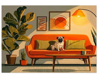 Muurdecoratie met een mopshond op een bank in mid-century modern stijl, een uniek cadeau voor hondenliefhebbers, geprint en ingelijst of oningelijst.