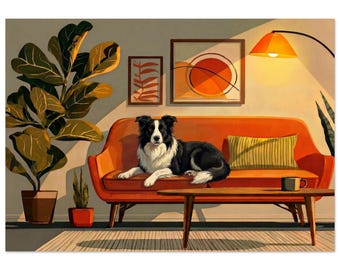 Border Collie op de bank kunstprint, poster van een hond op een bank in mid-century stijl, cadeau voor de liefhebber van werkhonden, ingelijst of oningelijst.