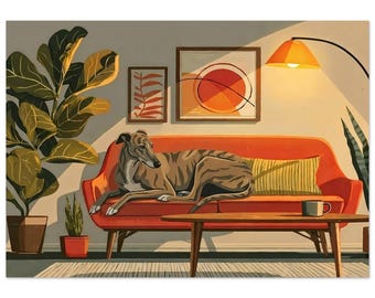 Print van een gestreepte windhond op een bank, een moderne hondenposter uit het midden van de vorige eeuw, met of zonder lijst verkrijgbaar.