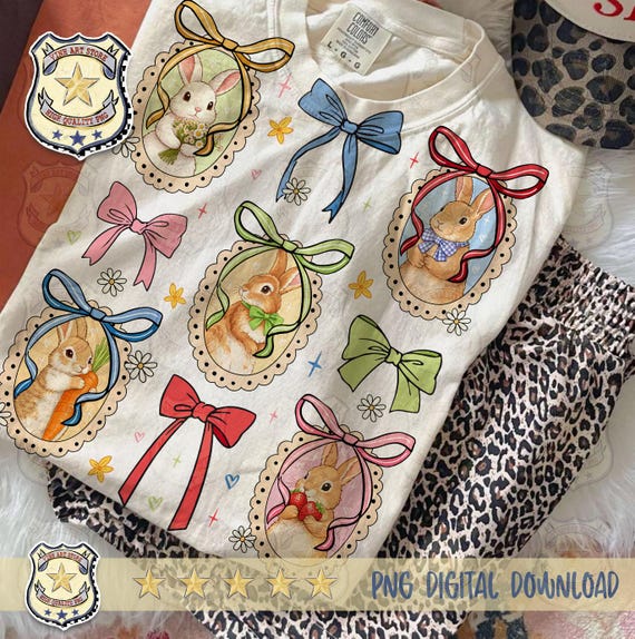 Floral Coquette Easter Bunny Png, Vintage Thrifted Grandma Core Shirt Design, Cottagecore Oval Frame Spring Sublimation, Trendy Easter Bow