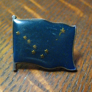 May include: A blue enamel pin with a gold outline and a depiction of the constellation Ursa Major, also known as the Big Dipper, with gold stars on a blue background. The pin is a representation of the flag of Alaska.