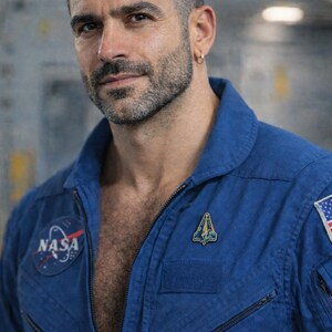 May include: A blue NASA flight suit with a NASA patch and a pin. The suit has a zipper down the front and an American flag patch on the sleeve. The person is wearing a gold earring.