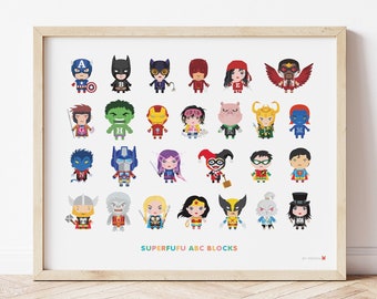 Superhero Alphabet Art Print 20 x 16 ABC Block / Superhero Nursery Wall Art, Superhero Kids Bedroom Decor, Baby Superhero Birthday Gifts