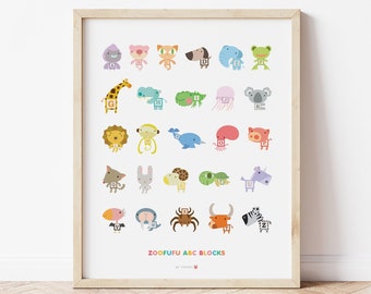 ABC Block Animal Alphabet Art Print 16 x 20 | Nursery Wall Art, Neutral Baby Shower Gift, Kids Playroom Decor, Ideal for First Birthday Gift