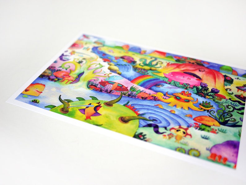 Invasion of Mirutanki Mini Art Print 7.5 x 5 // Whimsical Painting Surreal Fantasy Landscape Illustration image 2