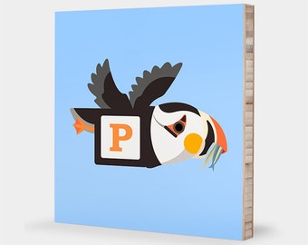 P is for Puffin : ABC Block Bamboo Wall Art Series // Alphabet Kids Wall Art Nursery Room Decor Bird Art