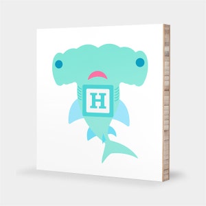H is for Hammerhead Shark : ABC Block Bamboo Wall Art Series // Alphabet Kids Nursery Room Decor Under the Sea image 1