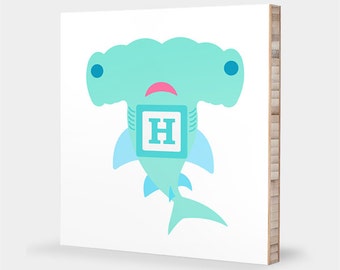 H is for Hammerhead Shark : ABC Block Bamboo Wall Art Series // Alphabet Kids Nursery Room Decor Under the Sea