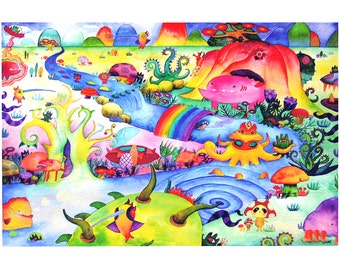 Invasion of Mirutanki Mini Art Print 7.5 x 5 // Whimsical Painting Surreal Fantasy Landscape Illustration