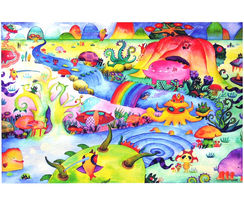 Invasion of Mirutanki Mini Art Print 7.5 x 5 // Whimsical Painting Surreal Fantasy Landscape Illustration image 1