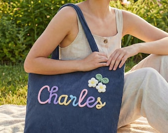 Custom Tote Bag Personalised Chenille Name Corduroy Tote Bag Zipper Work Purse Bridesmaid Gift Travel Essential Weekender Mother’s Day Gift