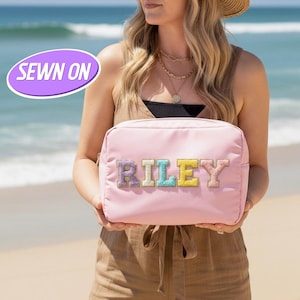 XL Makeup Bag Personalised Sewn On Chenille Patches Custom Cosmetic Bag Nylon Pouch X-Large Travel Case Large Toiletry SPF Bag Monogram Gift