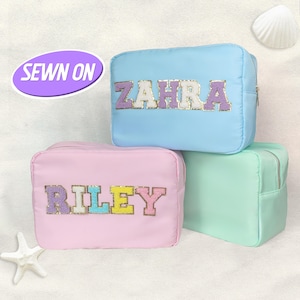 XL Makeup Bag Personalised Sewn On Chenille Patches Custom Cosmetic Bag Nylon Pouch X-Large Travel Case Large Toiletry SPF Bag Monogram Gift