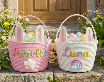 Gepersonaliseerde paashaasmand met naam katoenen touw paasmand voor kinderen baby paascadeau paaseieren zoeken mand kinderkamer lente decor