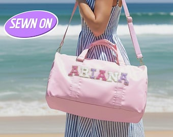 Duffle Bag Personalised Sewn On Patches Custom Nylon Duffle Bag Chenille Name Initial Letter Patches Overnight Sleepover Trip Gym Dance Bag
