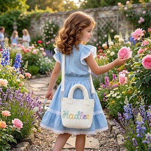 Könnte beinhalten: Eine weiße Handtasche aus Kord mit dem eingestickten Namen Hadlee in Pastellfarben. Die Tasche verfügt über einen strukturierten Griff, einen abnehmbaren Schulterriemen und einen Druckknopfverschluss. Sie wird als Umhängetasche zu einem hellblauen Kleid getragen.