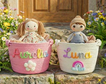 Personalised Baby Basket with Name Handmade Woven Rope Basket Nursery Storage Basket for Kids Toys Bin Organizer Newborn Baby Shower Gift