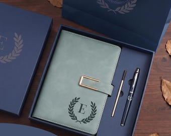 Personalised Leather Notebook Gift Set Custom Engraved Journal With Pen Graduation Corporate Client Staff Team Coworker Thank You Gift Box