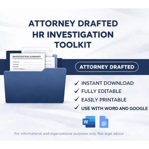 May include: A blue folder containing documents labelled "Investigation Summary" with the text "Attorney Drafted HR Investigation Toolkit." The image also includes the text "Instant Download," "Fully Editable," "Easily Printable," and "Use with Word and Google Docs."