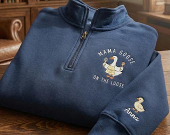 Bluza z haftem Mama Goose z zamkiem błyskawicznym o długości 1/4, wygodna bluza z mieszanki bawełny, prezent dla mamy, zabawne prezenty