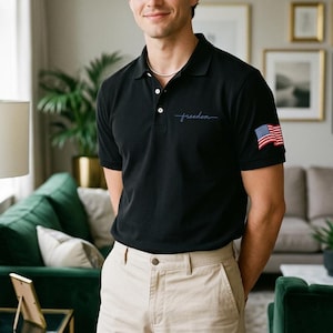 Puede incluir: Polo negro con la palabra "freedom" en escritura cursiva y un parche de la bandera estadounidense en la manga. La camisa tiene cuello y tres botones blancos. La persona lleva pantalones color caqui.