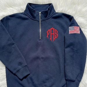 Custom Initials Embroidered Quarter Zip Sweatshirt, Flag Sleeve Monogram Unisex Sweater, 3 Monogram Personalized Texts Embroidery Merch