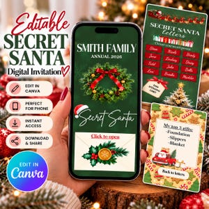May include: A smartphone displaying a digital Secret Santa invitation for the Smith Family Annual 2026, featuring a green background, a Christmas wreath, and a Click to open envelope icon. Additional digital cards show names and gift lists.