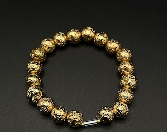 Gold Lava Bead & Silver Bungle Accent - Minimalist Modern Adjustable Bracelet - Optional Small Lobster Clasp