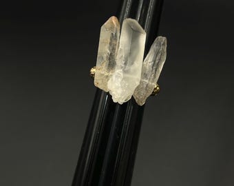 Crystal Triple Quartz Wand Beaded Ring - Stretch Ring with Gold Lava Bead & Metallic Accents- Adjustable Fit - Handmade Statement Ring
