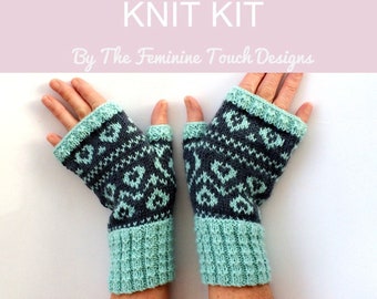 Fingerless mittens Knitting Kit , Valentine gift heart diy craft kit , fairisle stranded knitted gloves ,  diy knit gift for her , UK