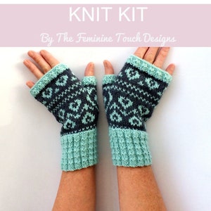 Fingerless mittens Knitting Kit , Valentine gift heart diy craft kit , fairisle stranded knitted gloves , diy knit gift for her , UK image 1