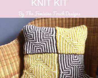 Illusion cushion knitting kit , slip stitch knitting , mosaic garter stich knitting decor pattern ,  autumn fall throw pillow , knit diy