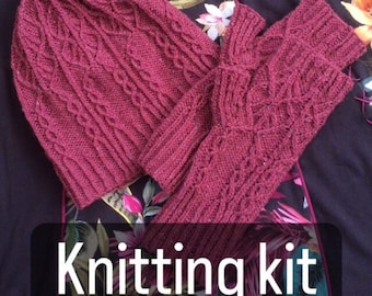 Knitting Kit for floral twist hat and fingerless gloves set, cables & twisted sts, hat 3 sizes, full instructions and charts, Recycled yarn