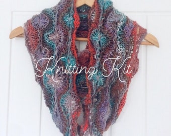 Infinity scarf Knitting kit , feminine knitting , autumn flowery scarf , long lace cowl knit kit , knitting fashion pattern , bff gift