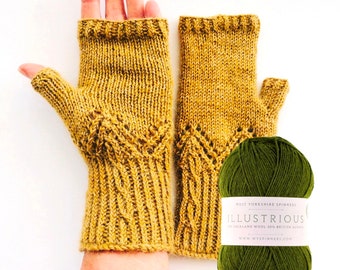 Green Popple Fingerless Gloves Knitting Kit, diy mitts pattern, knit kit gift , using dk yarn , ladies accessory,