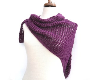 Lace cotton shawl , ladies hand knitted mesh wrap in plum. Asymmetrical shawl , Great holiday wear , custom knit in colour choice