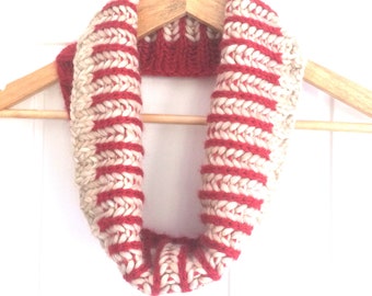 Red Cream striped Hand knitted snood, ladies striped mohair & wool cowl, winter warmer, reversible knit,  brioche knit, neck warmer,