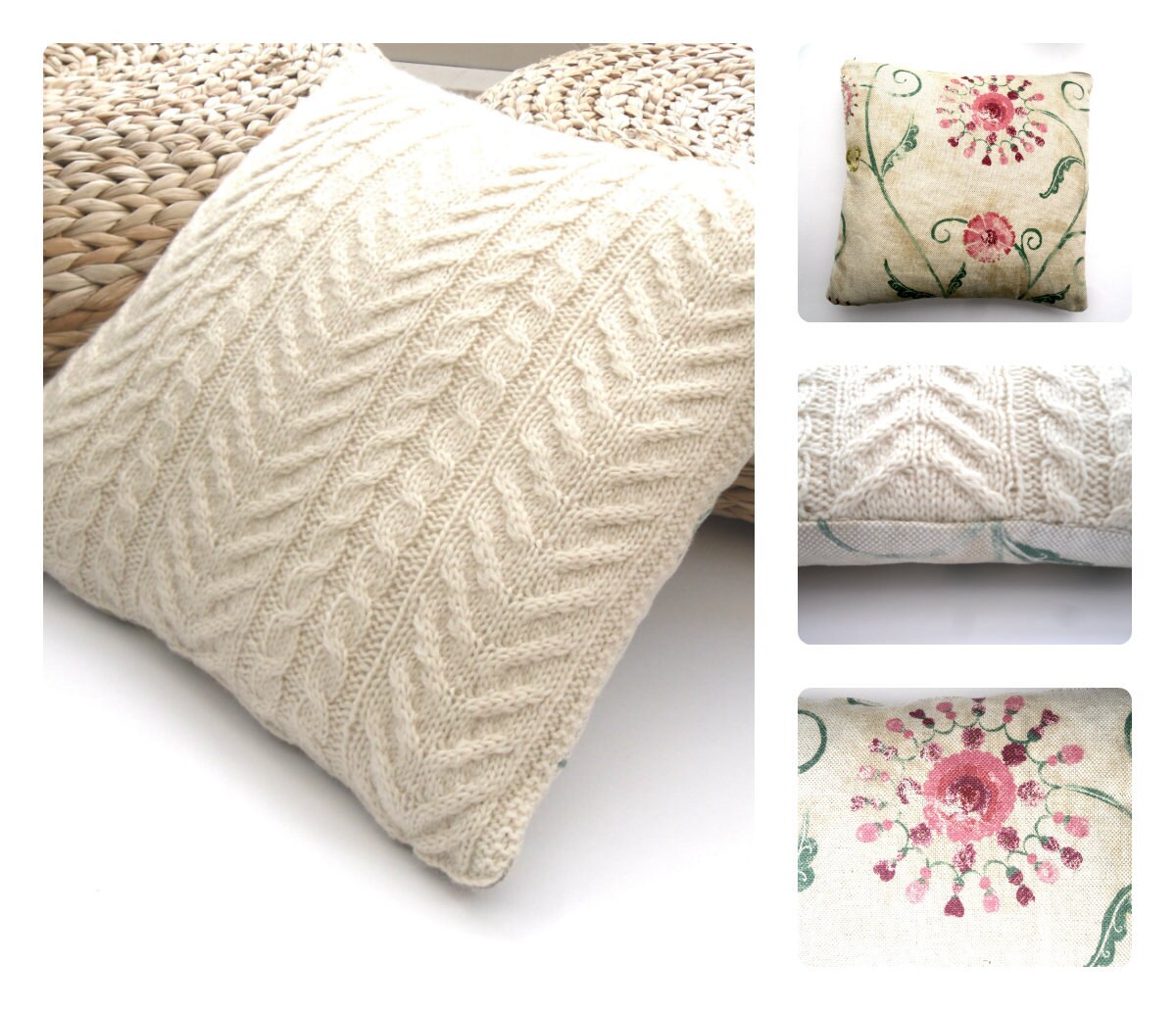 Hand knitted Wool Cushion / Pillow Throw . Cream natural home Etsy