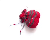 Mohair drawstring bag , handknit purse,  red / grey lace bag , cotton purse, gift for her, mothers day gift for her , feminine pretty bag