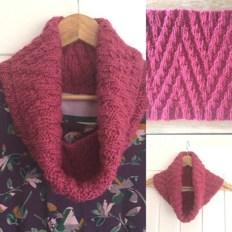 Chunky Cowl knitting kit , Textual chevron snood, DIY kit , beginner knit kit , instructions chunky knit yarn , easy knit kit , knit gift Raspberry