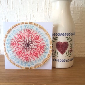 Mothers day greeting card with envelopes , prickly thistles knitted mandala , hand knit textile print , original UK design , blank inside