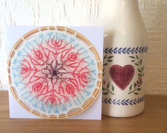 Mothers day greeting card with envelopes , prickly thistles knitted mandala , hand knit textile print , original UK design , blank inside