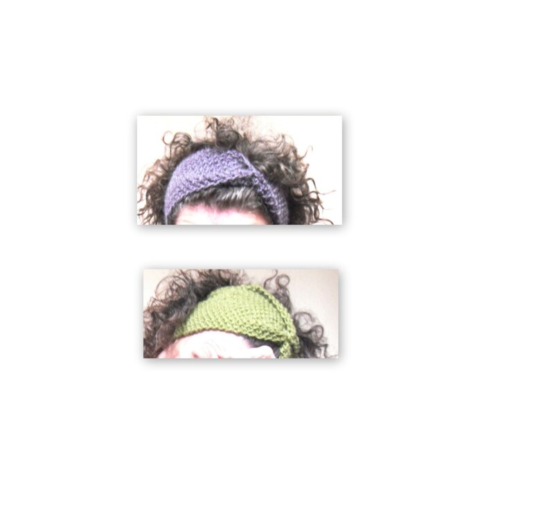 May include: Two knitted headbands, one in a muted purple and the other in a light green. The headbands are shown on a person with dark, curly hair. The headbands appear to be handmade.