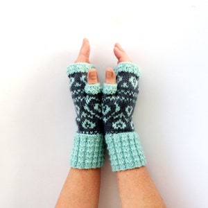 Fingerless mittens Knitting Kit , Valentine gift heart diy craft kit , fairisle stranded knitted gloves , diy knit gift for her , UK image 2