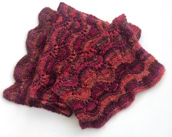 Hand Knitted wool lace scarf in mixes of striped red and pink, yarn is hand dyed , women's autumn neckwear , ladies winter knit accessories